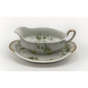 Theodore Haviland Limoges France Green Floral Gravy Boat With Underplate Gilded